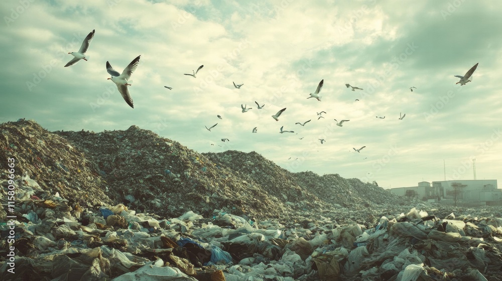 Leinwandbilder seagulls soaring over a massive landfill with clouds in the sky and space for text. generative ai