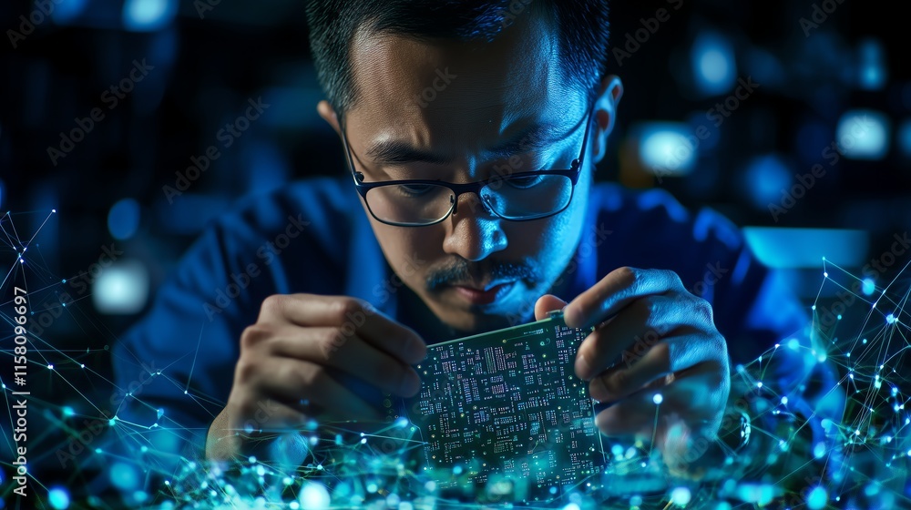 Poster a focused engineer inspecting an electronic circuit board prototype, surrounded by low poly wirefram