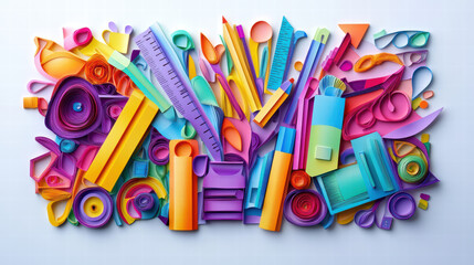 Fototapeta premium Colorful paper cut art featuring various school supplies like scissors, rulers, and markers, creating vibrant and creative display