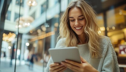 Happy Woman Enjoying Positive Experience While Using Tablet in Modern Cafe Environment