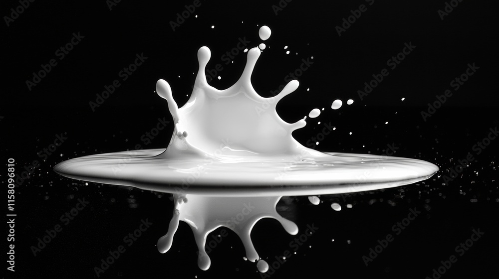 Poster stunning close-up of milk splash creating a crown effect on glossy surface with reflection