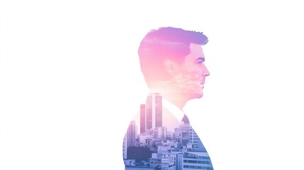 Double Exposure of Business People and Cityscape with Sun Rays and Bokeh, Banner Design with Copy Space.