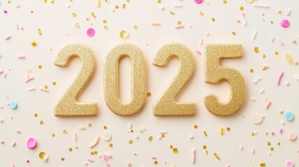 Obraz premium Gold 2025 numerals on pastel background with sprinkles.