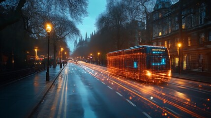 Futuristic bus on city street at night.