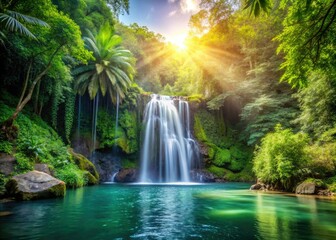 Naklejka premium Crisp, high-resolution photo: A tranquil waterfall oasis in a vibrant tropical rainforest.