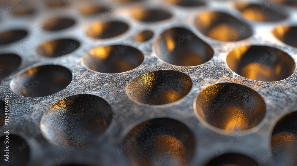 Poster close-up of a textured metallic surface with many round indentations. ideal for backgrounds, technol