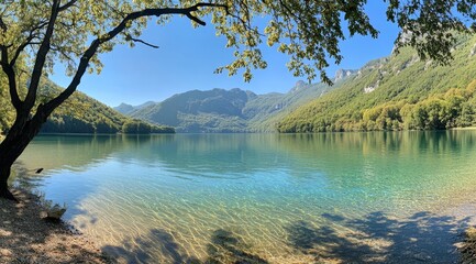 Serene mountain lake with crystal-clear water, tree branches framing a picturesque view on a sunny day.