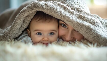 Heartwarming Candid Moment of Mother Playing Peek-a-Boo with Baby Under Soft Blanket