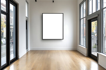 Frame mockup with white screen: A modern interior with a framed blank white curtain canvas hanging on white wall in art exhibition empty room