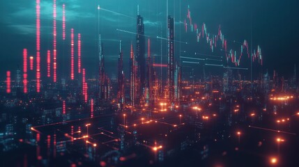Fototapeta premium Futuristic city skyline with financial data overlay.