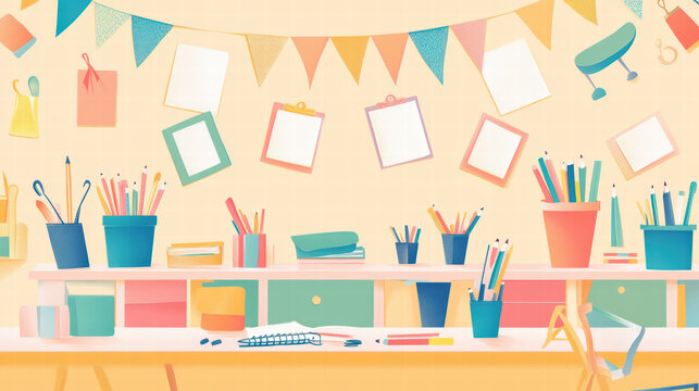 vibrant classroom workspace filled with colorful stationery, art supplies, and decorative elements. cheerful atmosphere inspires creativity and learning