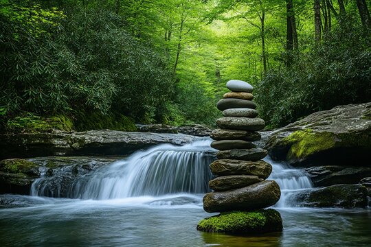 Balanced stones on moss in a tranquil forest stream.