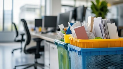 Overfilled recycling bins in modern office. Illustrates office waste disposal and recycling programs.