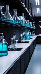 Modern Laboratory with Glassware and Blue Liquid in Dark Room