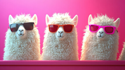 Fluffy alpacas wearing sunglasses in vibrant pink background, exuding fun and playful vibe. Perfect for animal lovers and whimsical decor