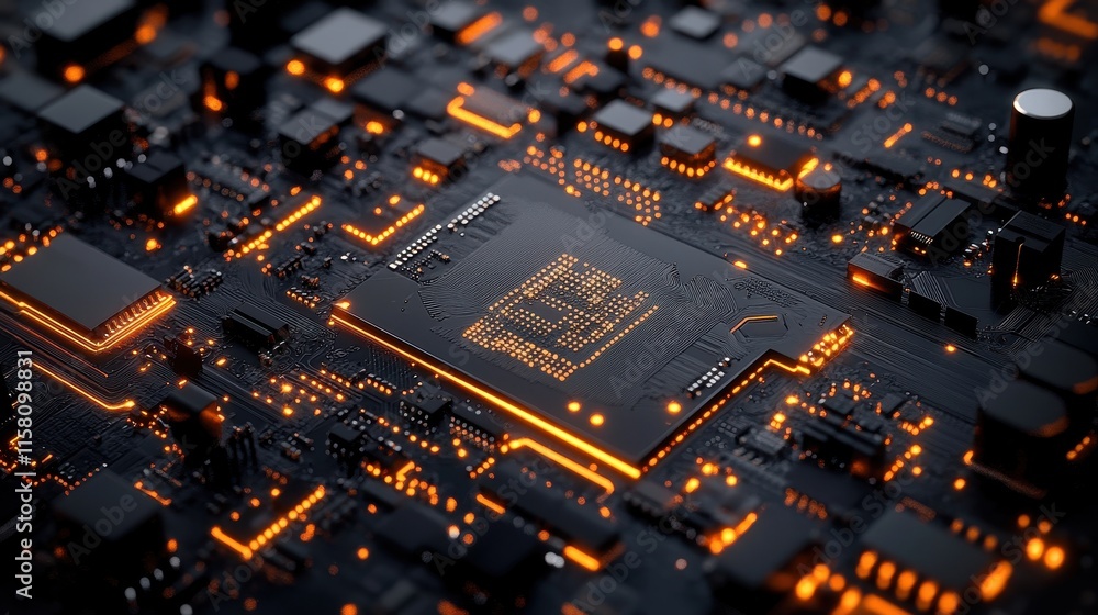 Poster close-up of a circuit board with glowing components. ideal for tech, electronics, and innovation pro