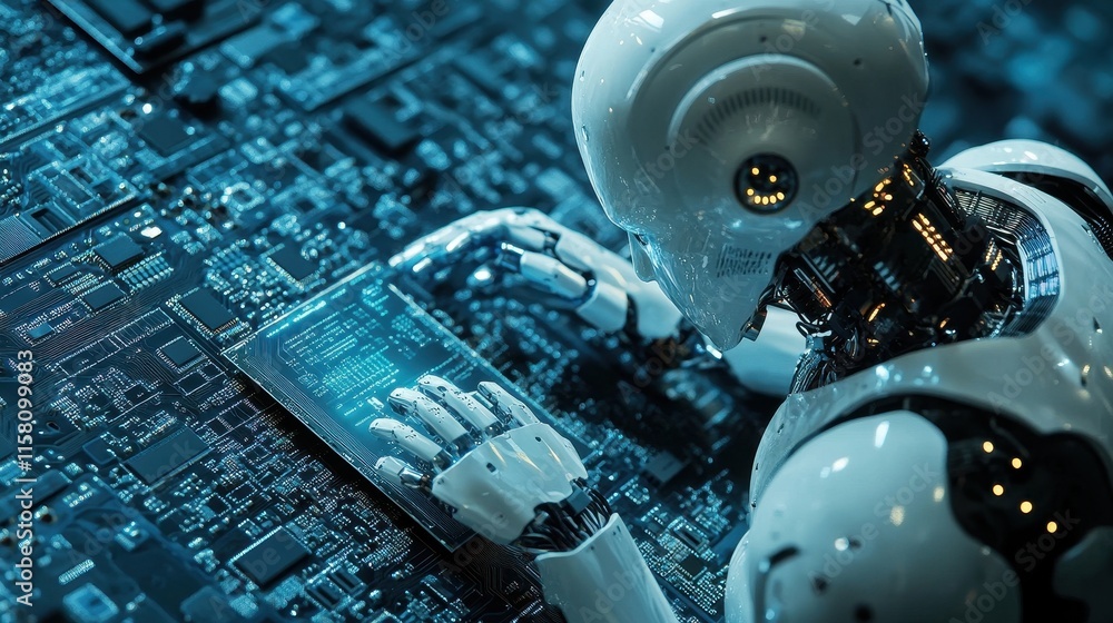 Poster a robot meticulously examines a circuit board, glowing data displayed. illustrates ai, technology, a