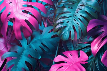Vibrant pink and teal tropical monstera leaves on a blue background.