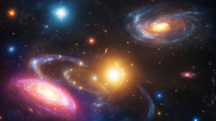 Vibrant galaxy scene featuring swirling colorful nebulae, distant stars, and bright celestial bodies, creating mesmerizing cosmic landscape