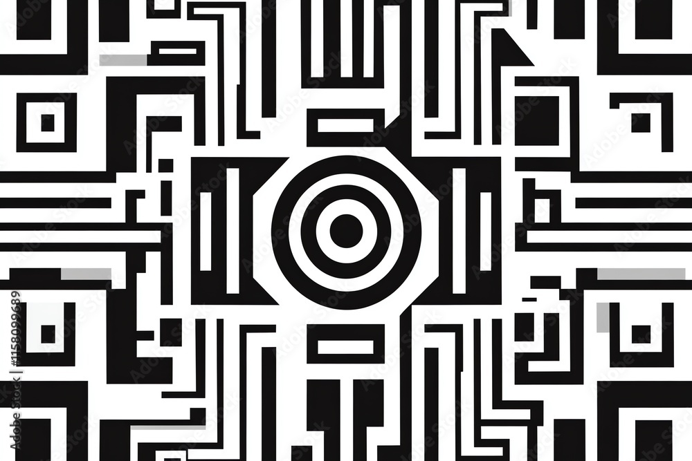 Poster Abstract black and white geometric pattern with concentric circles and maze-like structures.