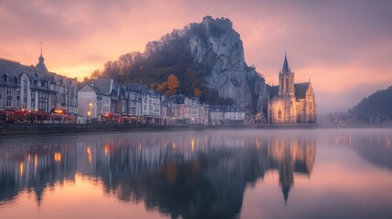 Fototapeta premium Scenic sunrise over river town with church and cliff.