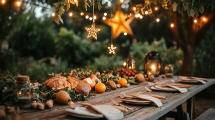 Rustic outdoor dinner party with fairy lights and autumnal harvest centerpiece.