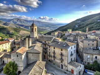 Naklejka premium Discover Pacentro, Abruzzo: enchanting medieval architecture, stunning panoramic views of Italy's hill country.