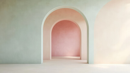 Fototapeta premium serene interior featuring pastel colored arches and walls, creating calming atmosphere. soft hues of green and pink enhance tranquil space