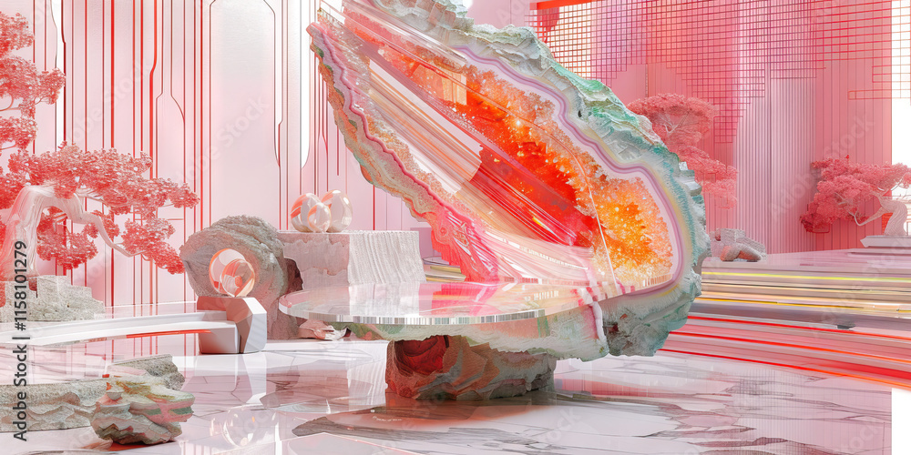 Poster digital rendering of interior design with geode table and bonsai trees