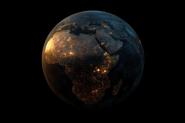 Night view of Earth, Africa illuminated. Perfect for global connectivity, environmental, or travel projects.