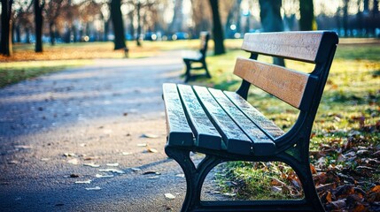 Urban Park with Benches and Sidewalks in Natural Light