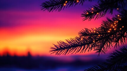 Obraz premium Silhouetted pine branch with fairy lights against a vibrant sunset.