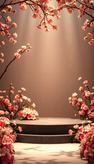 Elegant Podium Surrounded by Blossoming Flowers, cinematic, with white tones