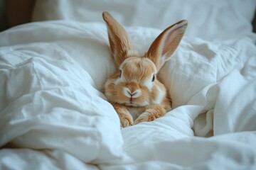 Adorable orange bunny nestled in white bedding. Perfect for websites, blogs, or products related to pets, comfort, or sleep.