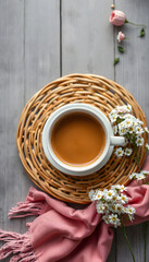 Hello spring concept. Top view photo of cup of coffee on rattan serving mat gypsophila flowers and pink plaid on grey wooden desk background with copyspace, with white tones