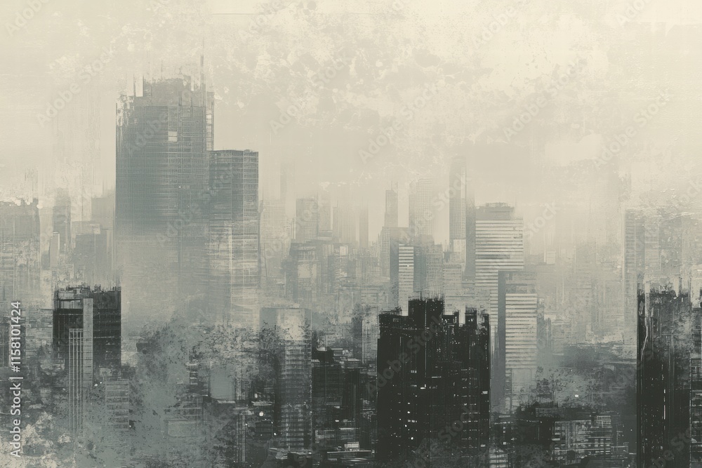 Aufkleber Dense smog blankets a bustling city skyline, obscuring buildings and creating a mysterious atmosphere. Generative AI