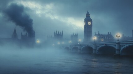 Misty London cityscape at night with Big Ben and Parliament.