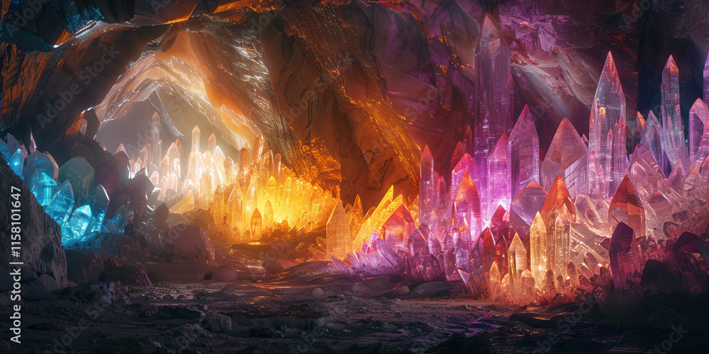 Poster digital rendering of crystal formations within a cave