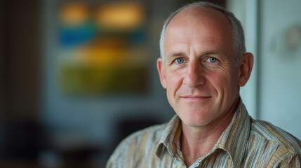 Obraz premium confident man in casual shirt smiles warmly in office setting, showcasing professional yet approachable demeanor