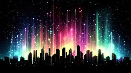 Colorful light streaks illuminate a city skyline at night.