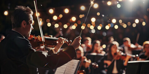 Fototapeta premium Violinist Conducting Orchestra with Sparklers