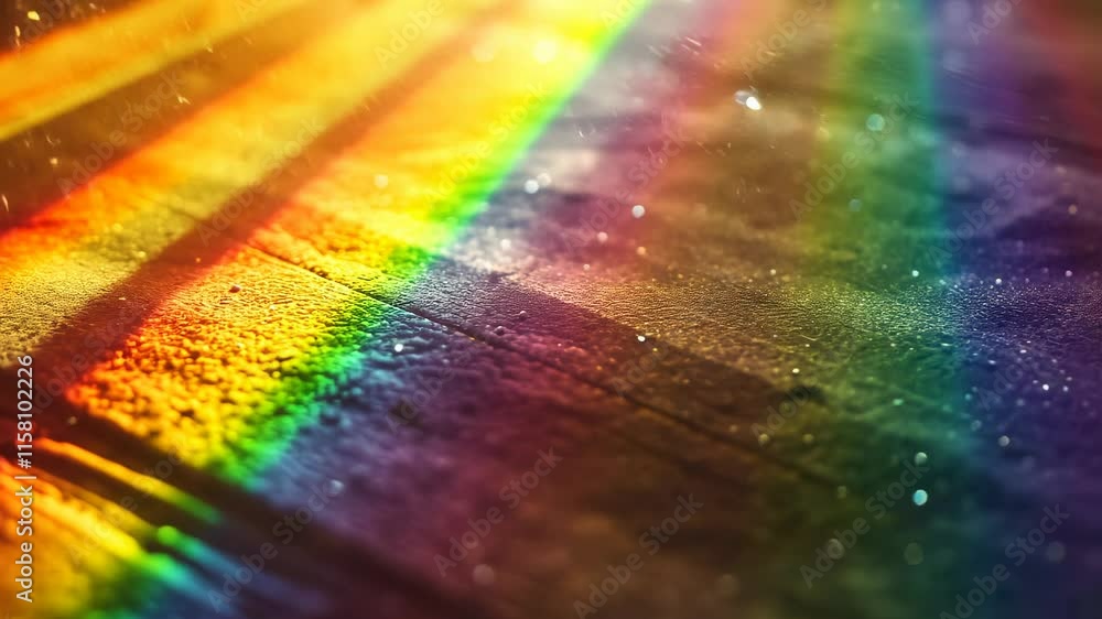 Poster sunlight spectrum on wooden surface, vivid color display. natural light and optical effect concept