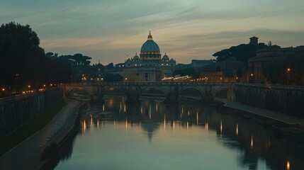 Fototapeta premium St. Peter's Basilica at twilight, reflected in the Tiber River.