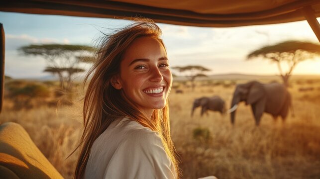 Fototapeta Happy woman on safari viewing elephants at sunset.