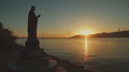 Sunset silhouette of a statue by the river with a bridge in the background.