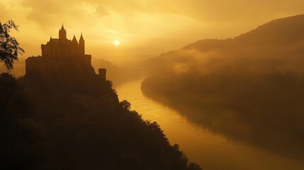 Misty sunrise over a majestic river castle.