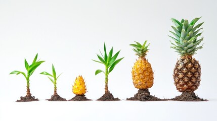 Pineapple growth stages from sprout to ripe fruit.