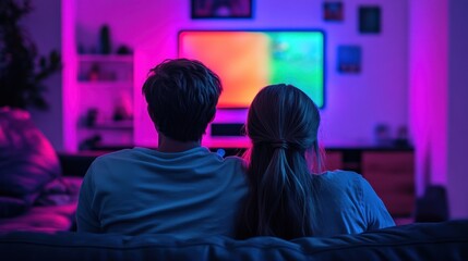 Couple Enjoying a Movie Night at Home in a Vibrant and Cozy Atmosphere