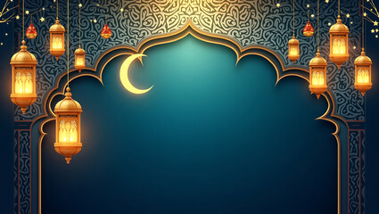 Ramadan Decorative Lanterns and Crescent Moon Background
