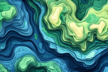 Fototapeta premium Abstract topographic design with layered green and blue contours resembling a landscape.